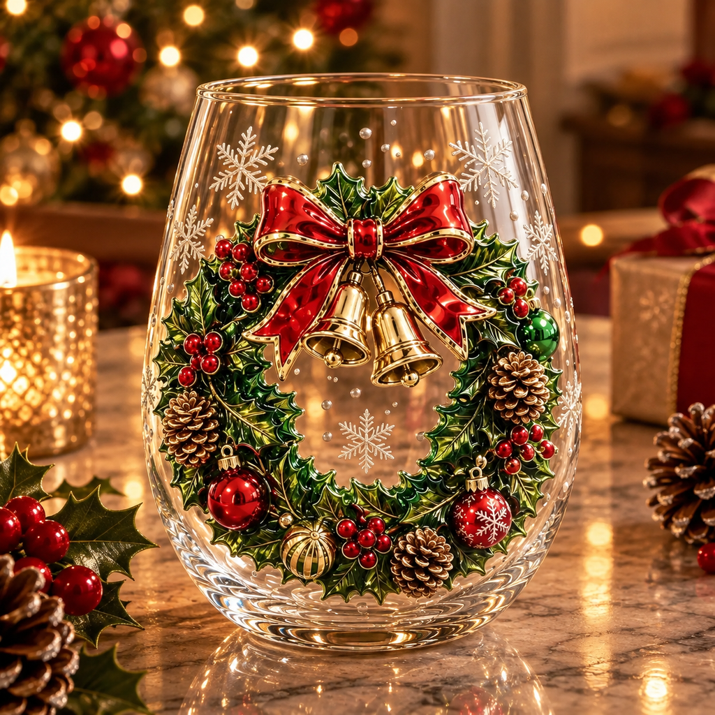 3D Christmas Glass Art Cup – Holiday Stemless Glass