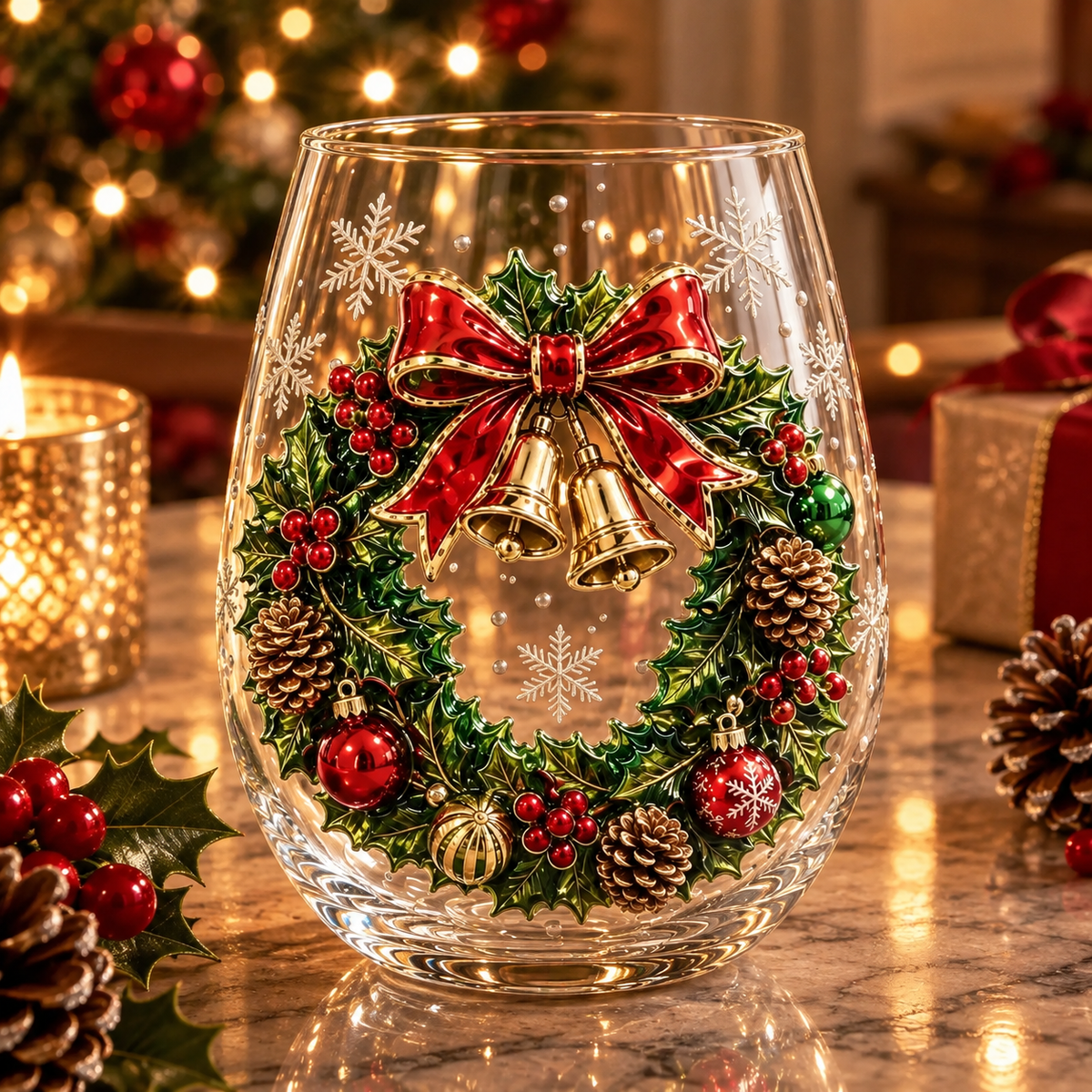 3D Christmas Glass Art Cup – Holiday Stemless Glass