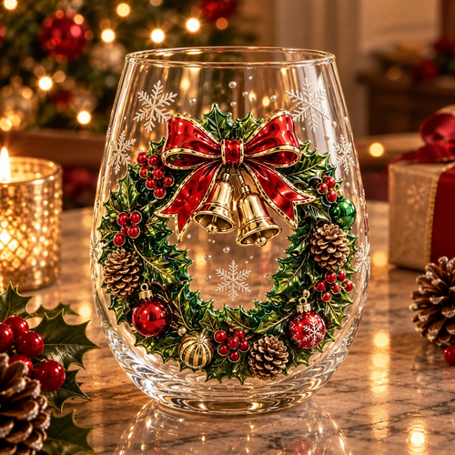 3D Christmas Glass Art Cup – Holiday Stemless Glass