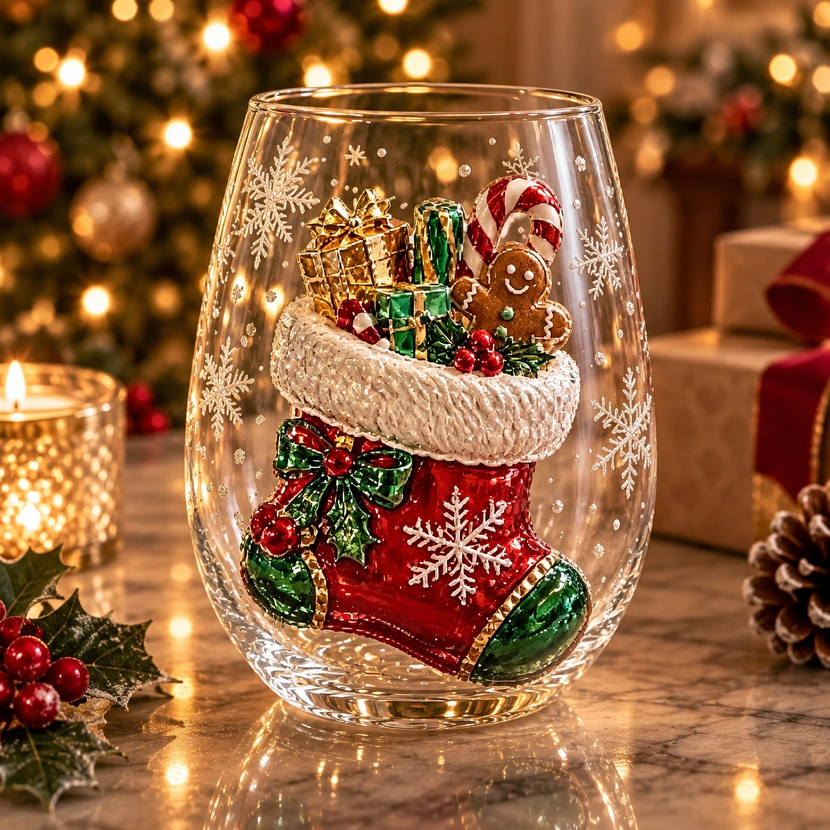 3D Christmas Glass Art Cup – Holiday Stemless Glass