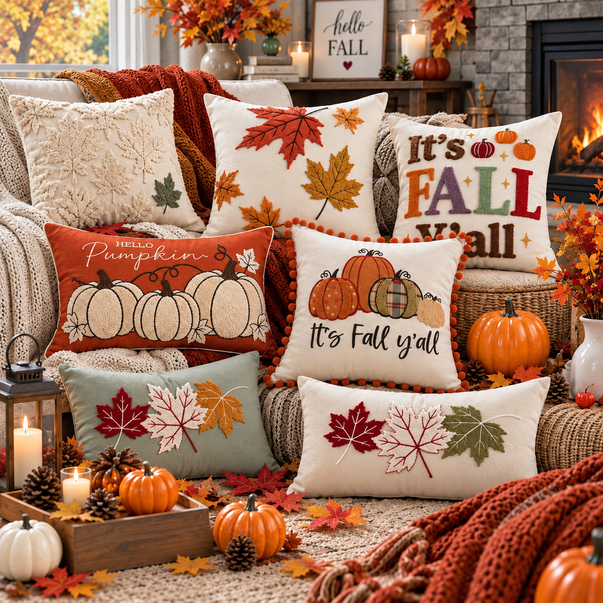 Embroidered Pumpkin & Maple Leaf Throw Pillow Covers