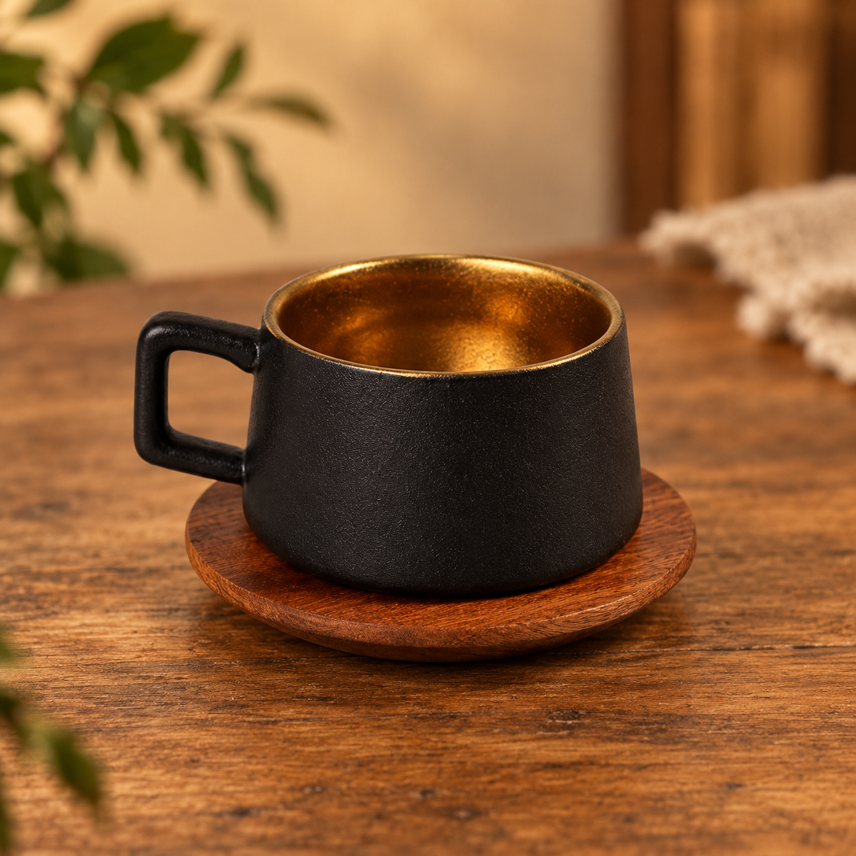 Retro Coffee Cup and Wood Saucer