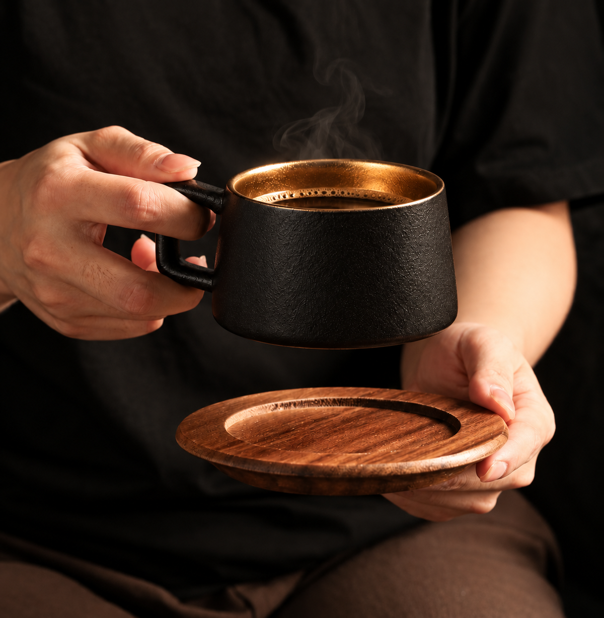 Retro Coffee Cup and Wood Saucer