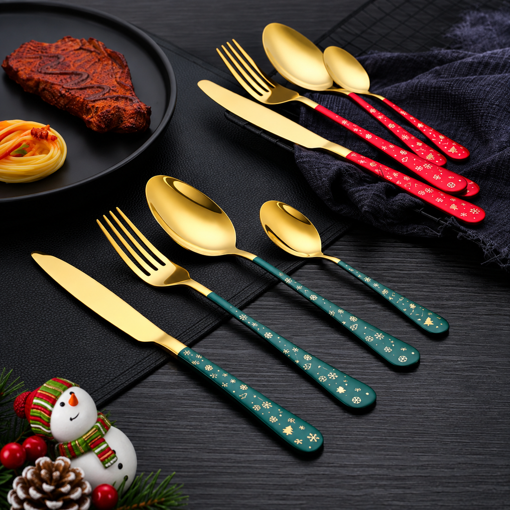 Gold Stainless Steel Christmas Flatware Set