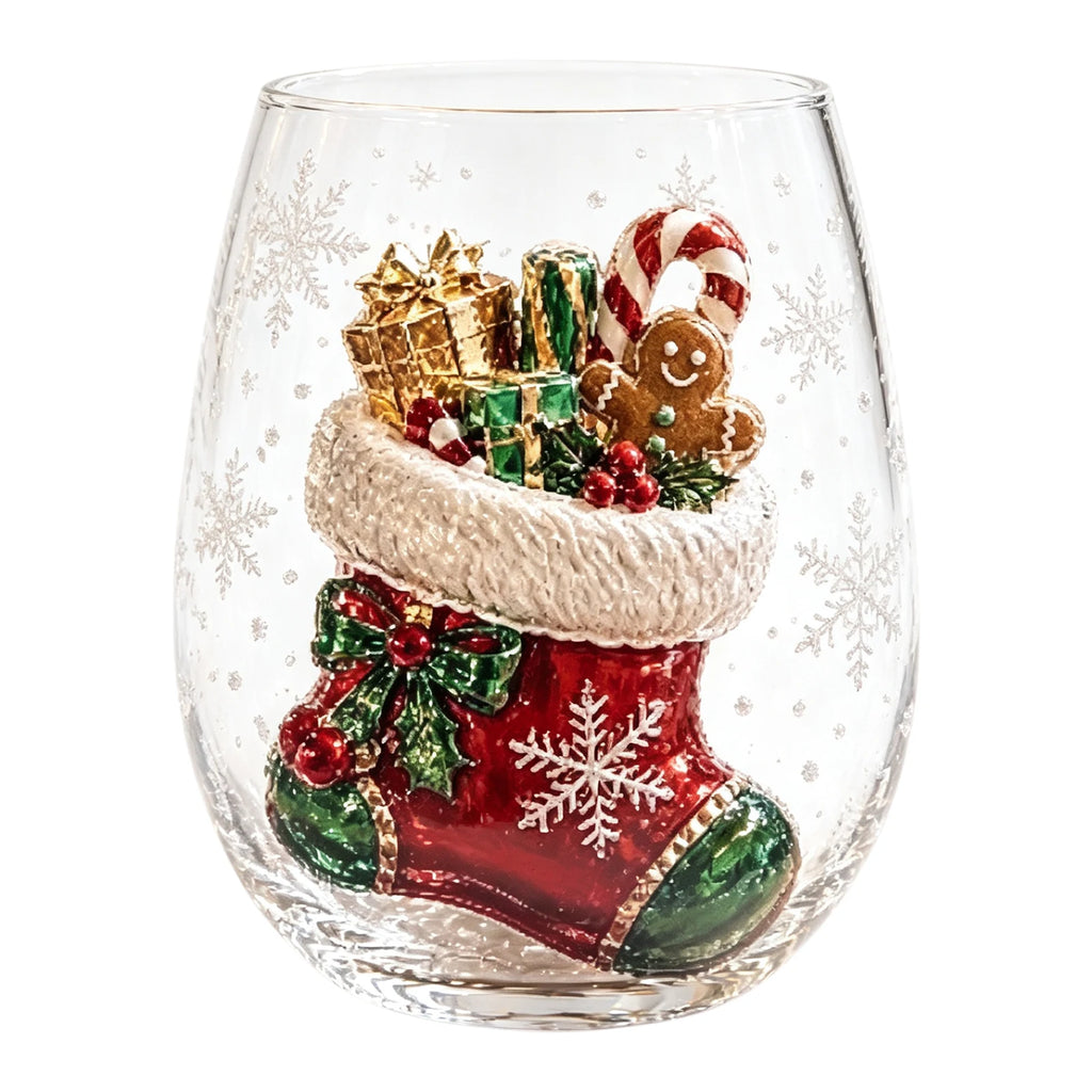 3D Christmas Glass Art Cup – Holiday Stemless Glass