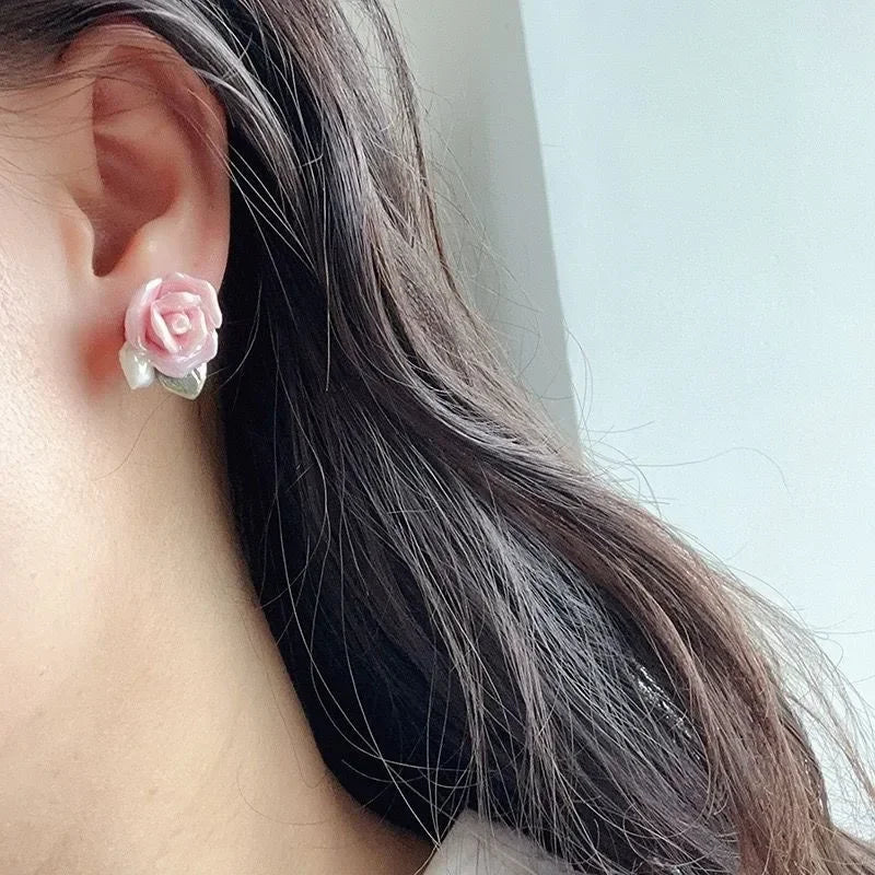 Pink Rose Ceramic Earrings