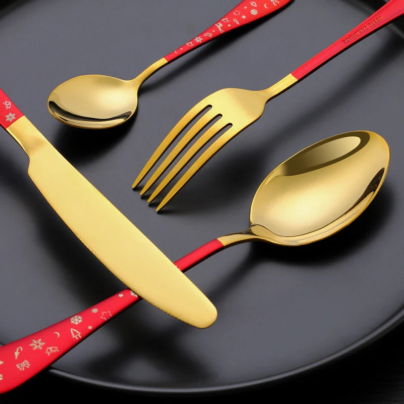 Gold Stainless Steel Christmas Flatware Set