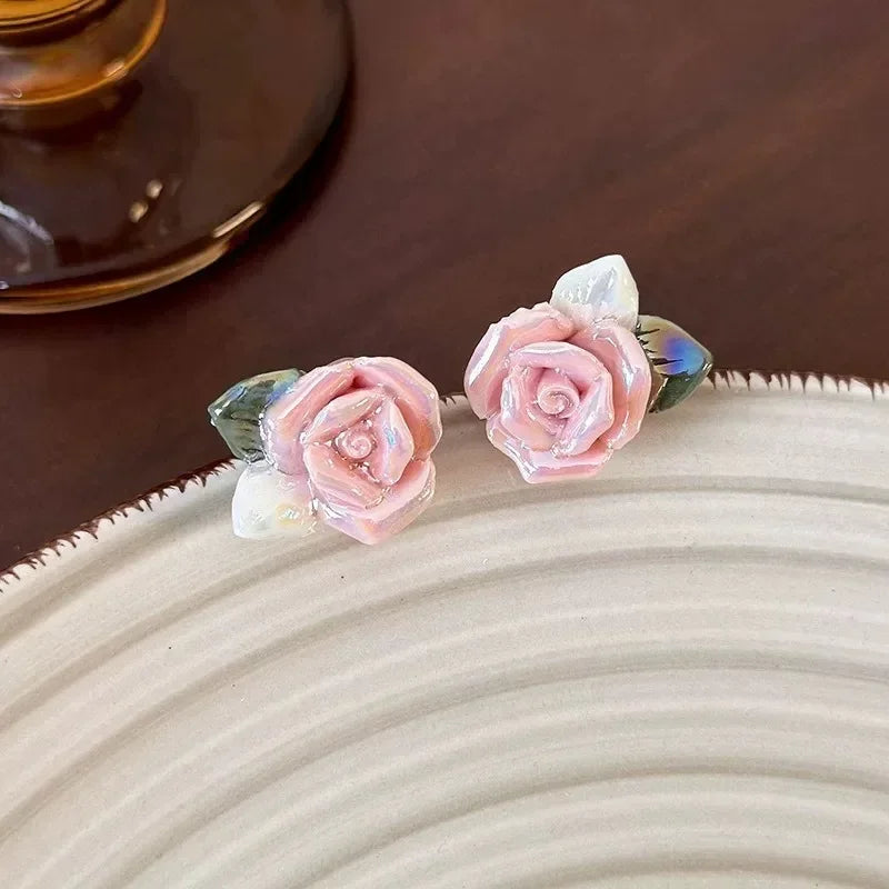 Pink Rose Ceramic Earrings