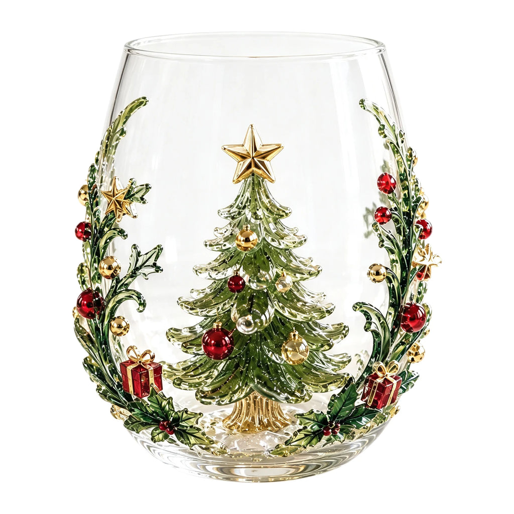 3D Christmas Glass Art Cup – Holiday Stemless Glass