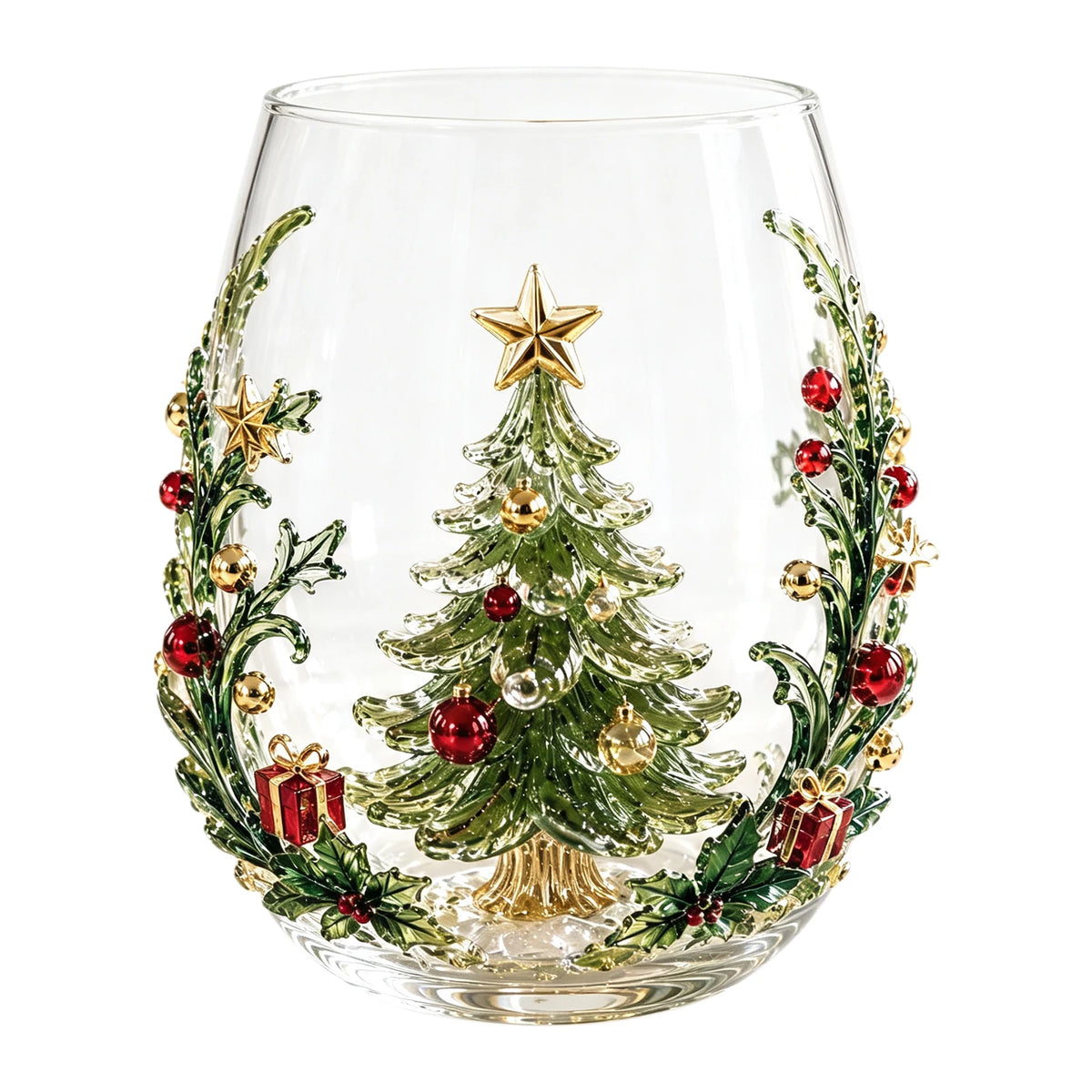 3D Christmas Glass Art Cup – Holiday Stemless Glass