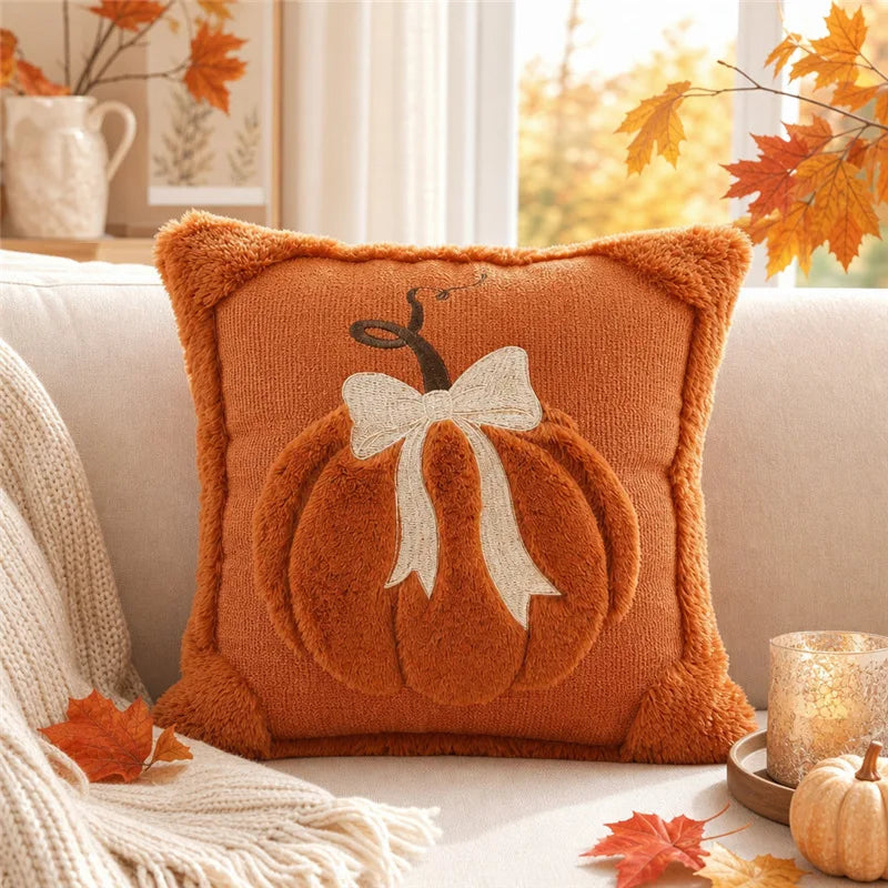 3D Plush Pumpkin Bow Pillow Cover
