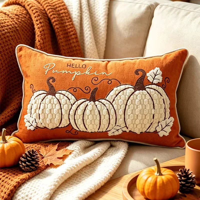 Embroidered Pumpkin & Maple Leaf Throw Pillow Covers