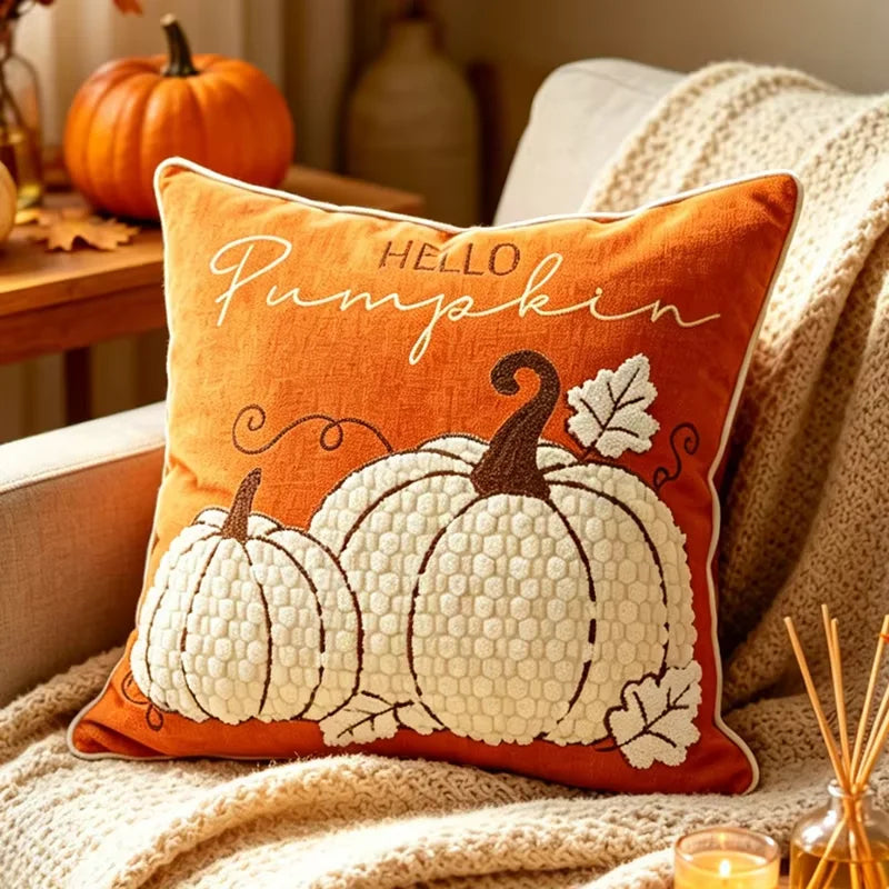 Embroidered Pumpkin & Maple Leaf Throw Pillow Covers