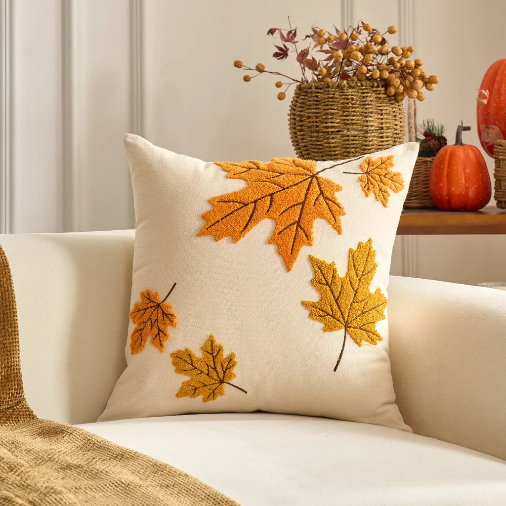 Embroidered Pumpkin & Maple Leaf Throw Pillow Covers