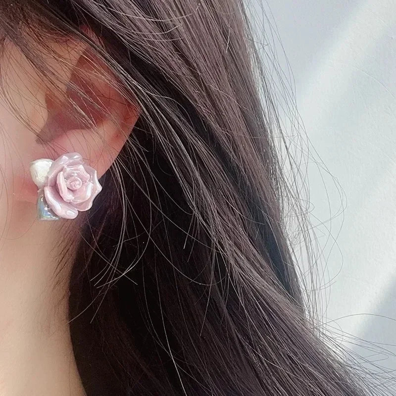 Pink Rose Ceramic Earrings