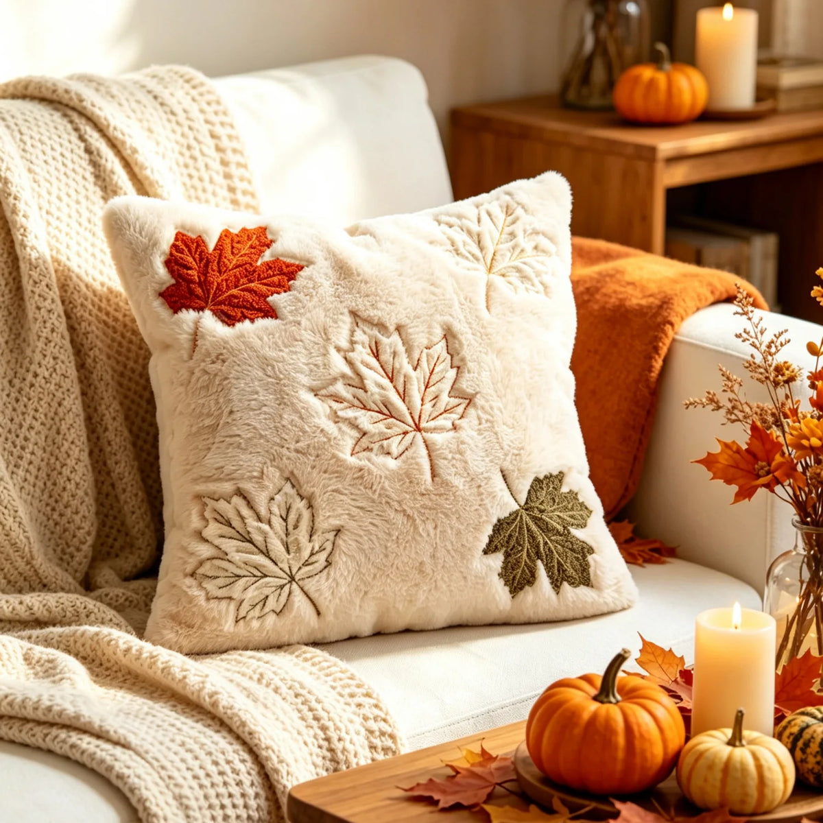 Fuzzy Fall Leaf Pillow Cover
