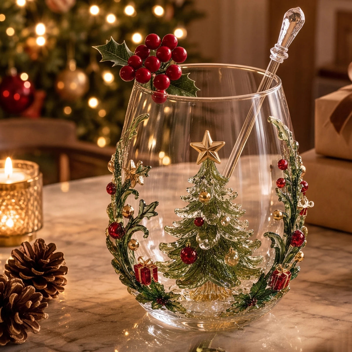 3D Christmas Glass Art Cup – Holiday Stemless Glass