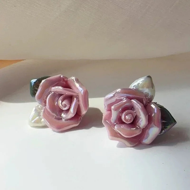 Pink Rose Ceramic Earrings
