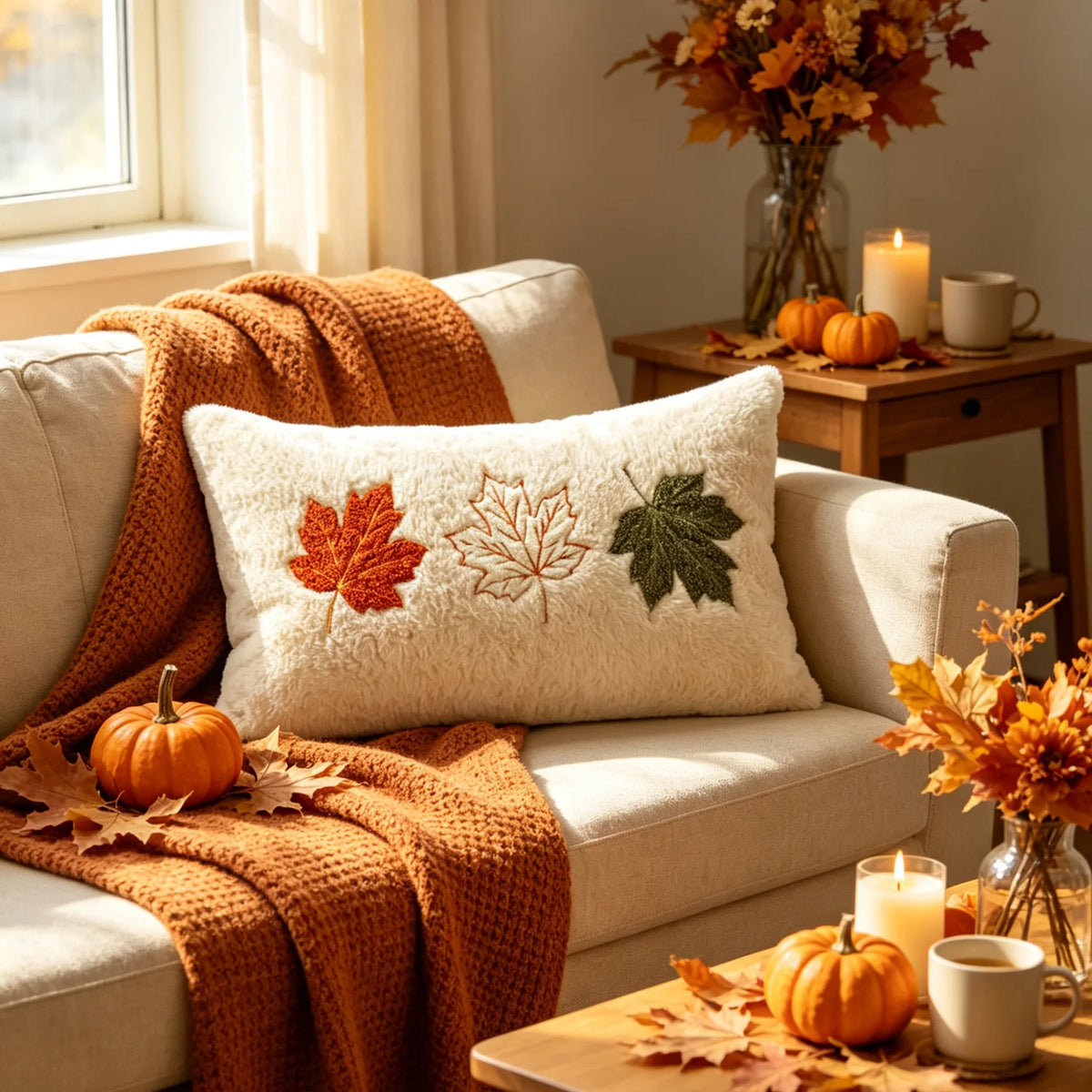 Fuzzy Fall Leaf Pillow Cover