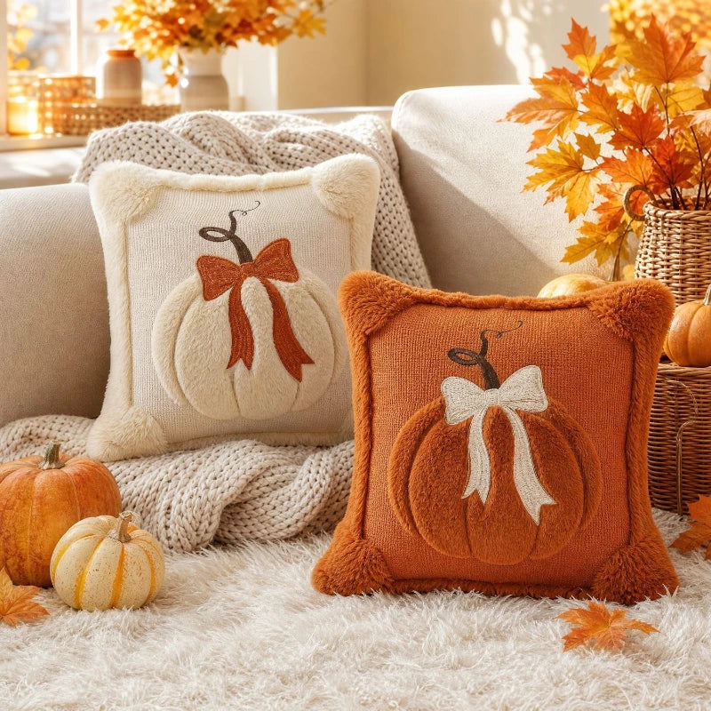 3D Plush Pumpkin Bow Pillow Cover