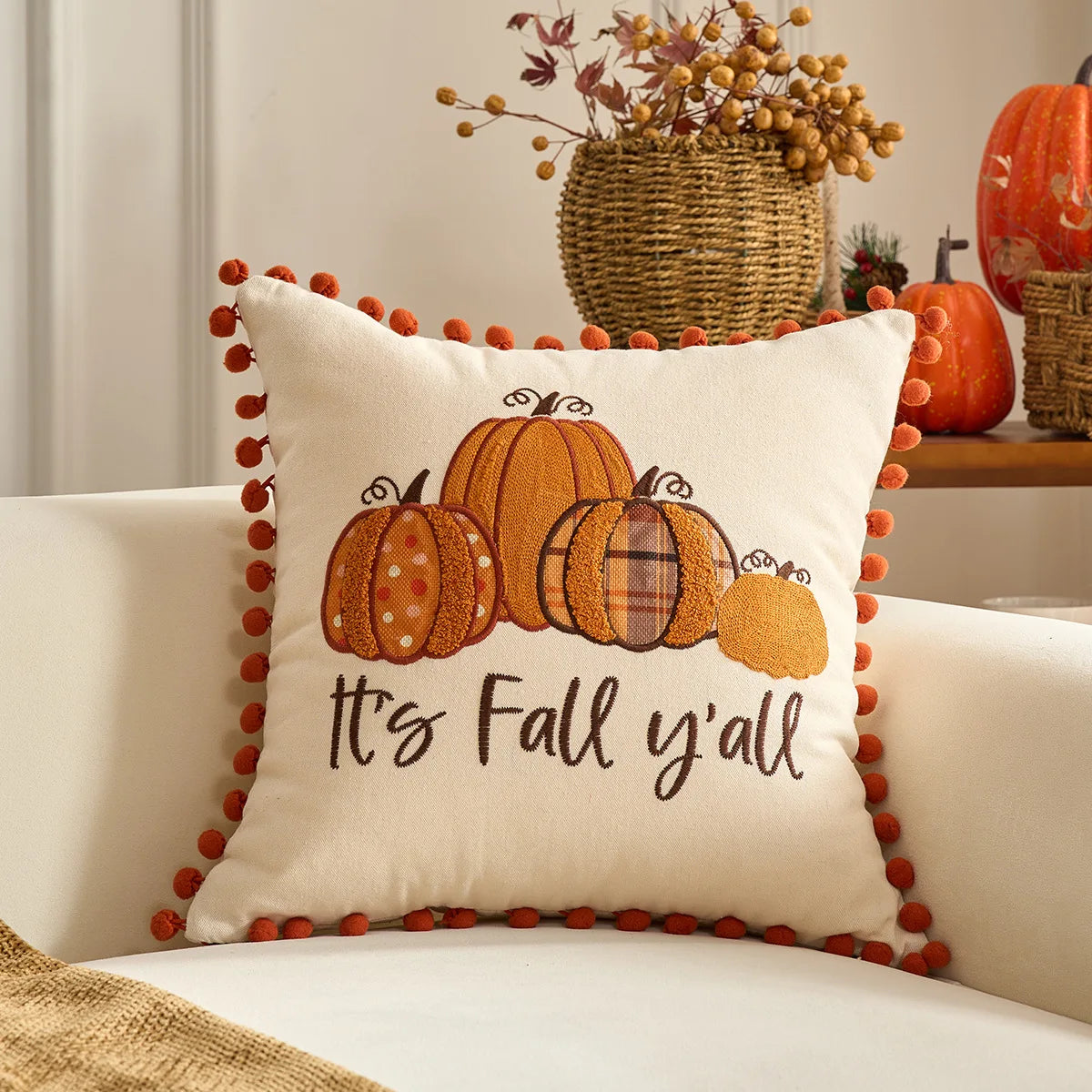 Embroidered Pumpkin & Maple Leaf Throw Pillow Covers